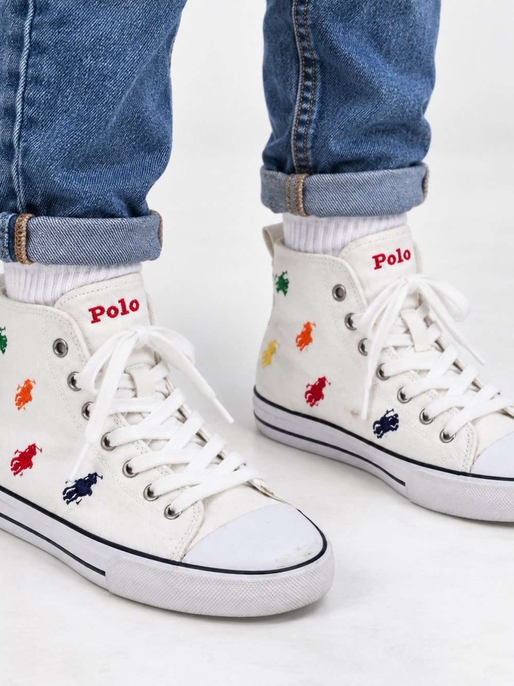 Polo by Ralph Lauren Kids White High-Top Sneakers with Rainbow Pony Logos